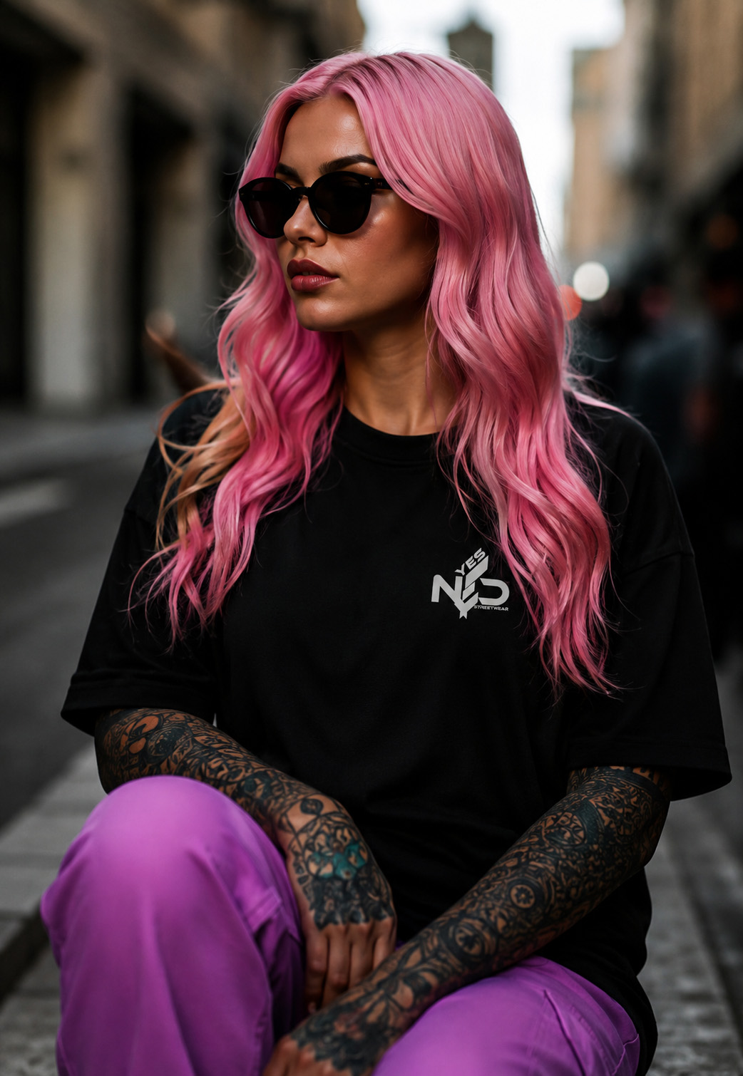 YES NΞD dystopian streetwear lookbook hero image with pink hair model