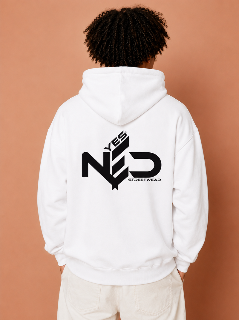 YES NΞD oversized white streetwear hoodie back view