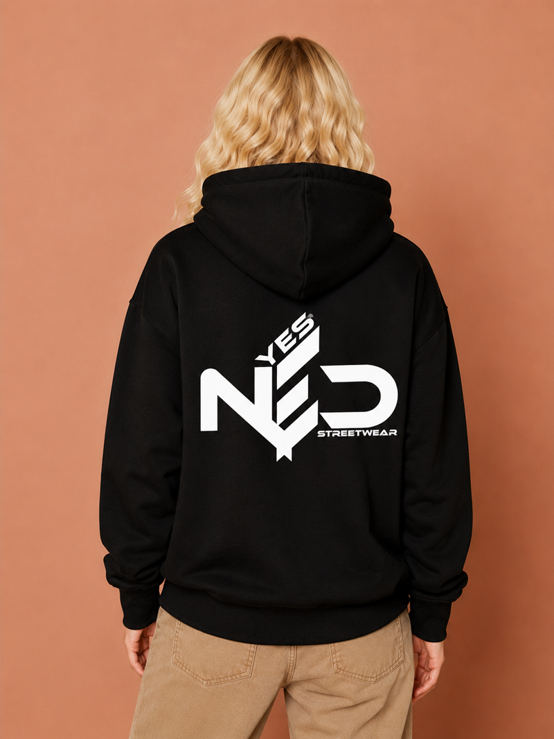 YES NΞD oversized black streetwear hoodie back view