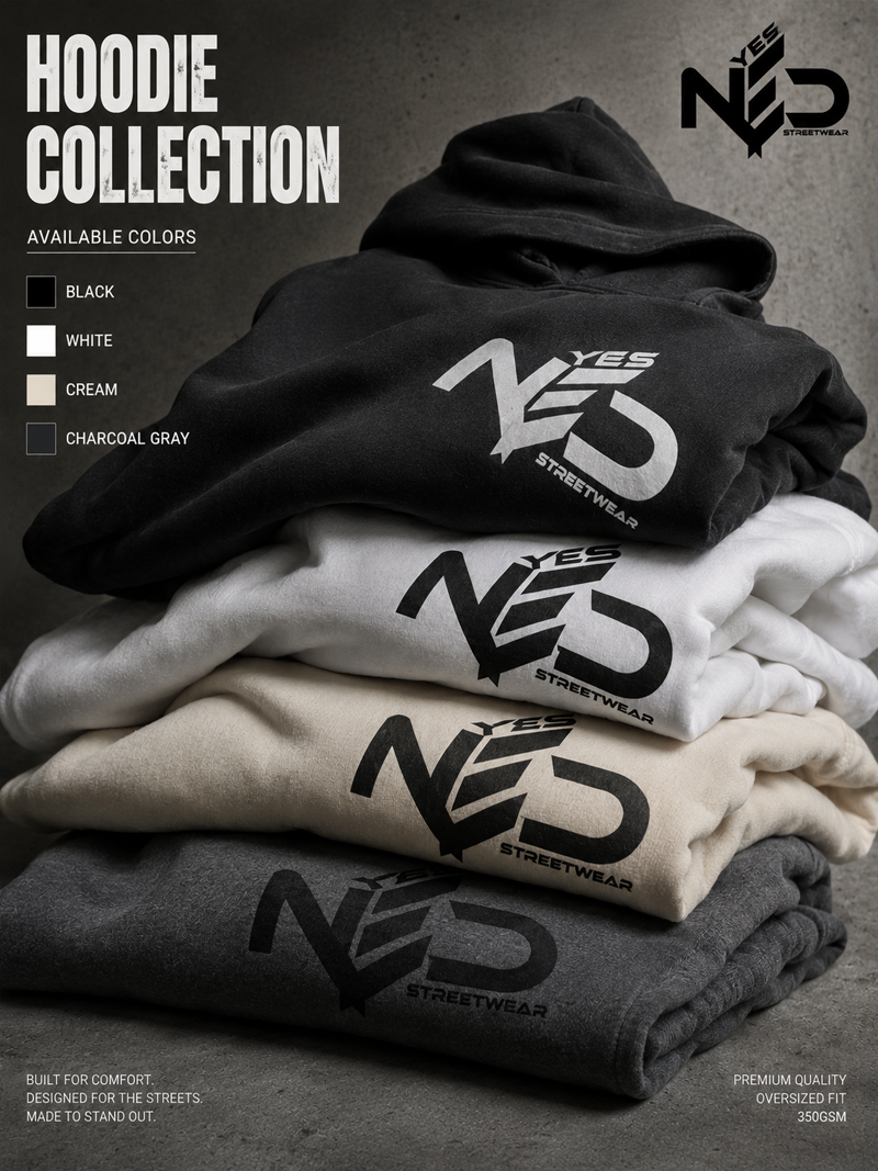 YES NΞD oversized streetwear hoodie colour range