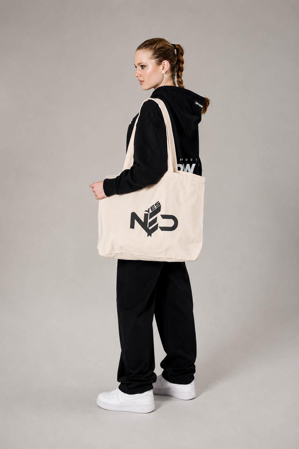 YES NΞD printed cotton tote bag lifestyle view